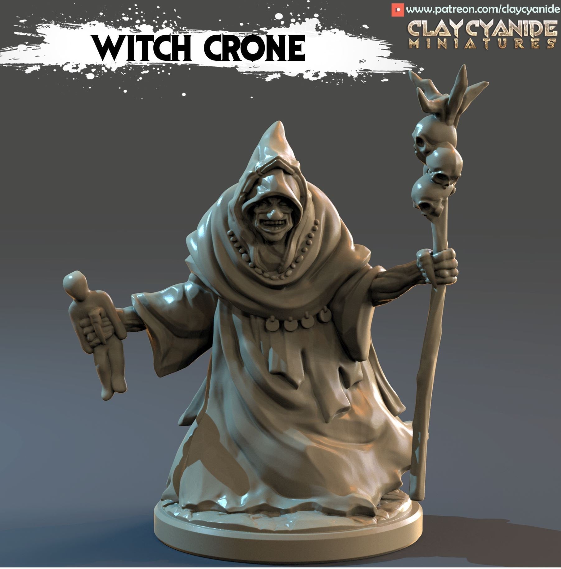 Witch Crone from Clay Cyanide Miniatures. This piece is very much a Premium Print! 2 Piece Set
