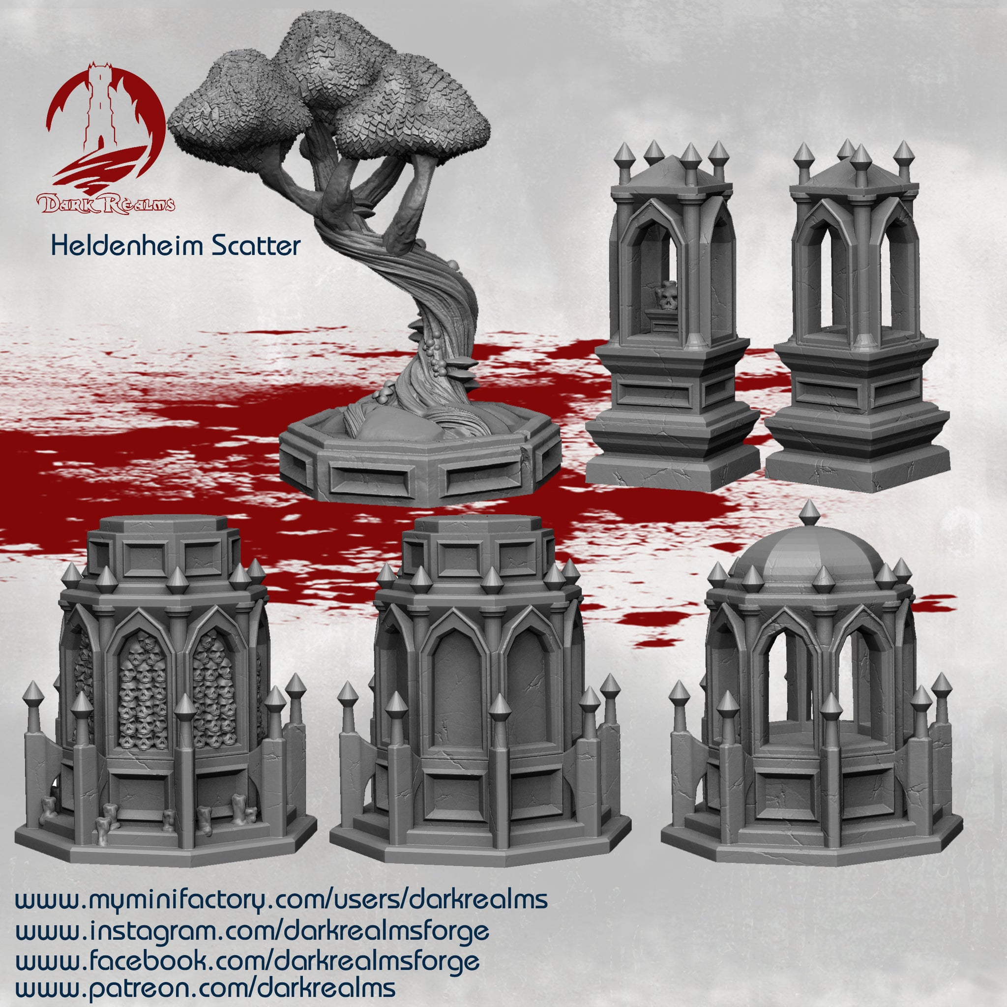 Dark Realms Heldenheim Scatter Terrain pack 3d Printed in Premium PLA, fully cleaned, prepped and ready to prime and paint!