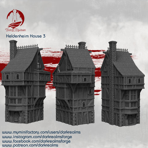 Dark Realms Heldenheim House no3 3d Printed in Premium PLA, fully cleaned, prepped and ready to prime and paint!